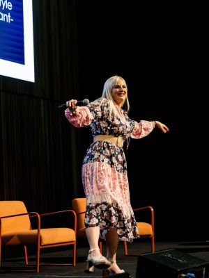 Dr Gemma Newman warming-up the crowd with the 'Gemma wiggle'