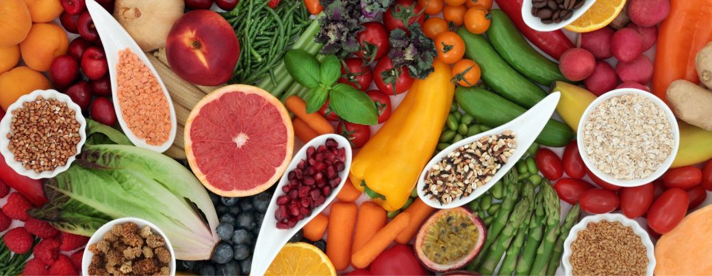 Spread of brightly coloured plant-based foods